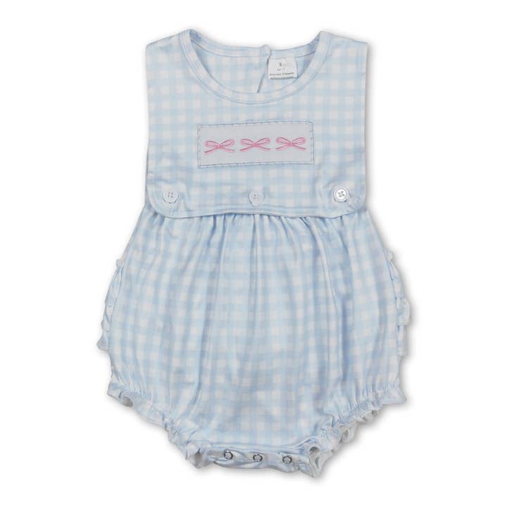 Sleeveless bow embroidery plaid ruffle baby girls romper for wholesale by Yawoo Garments