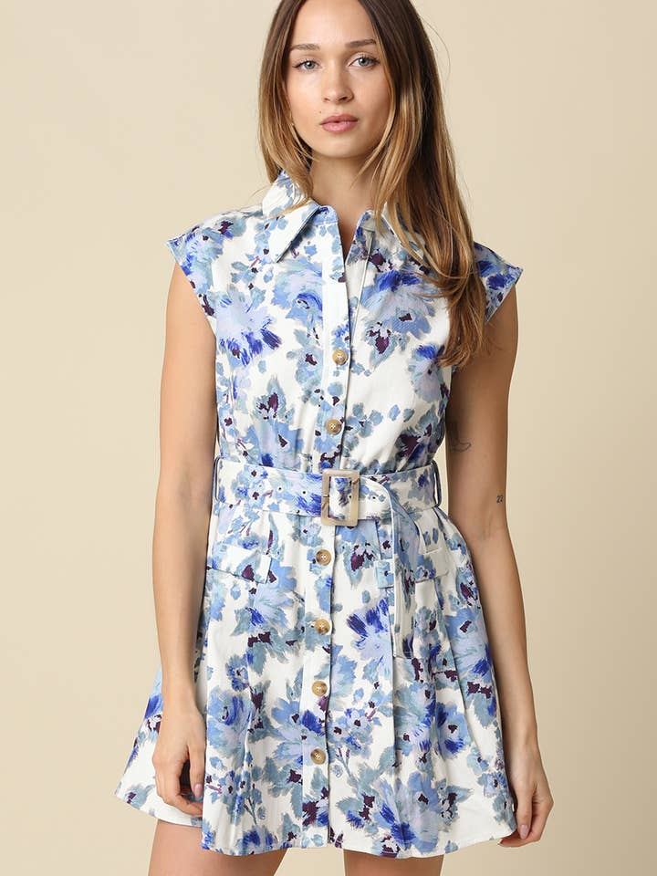 Janice Floral Sleeveless Belted Dress for wholesale by Olivaceous