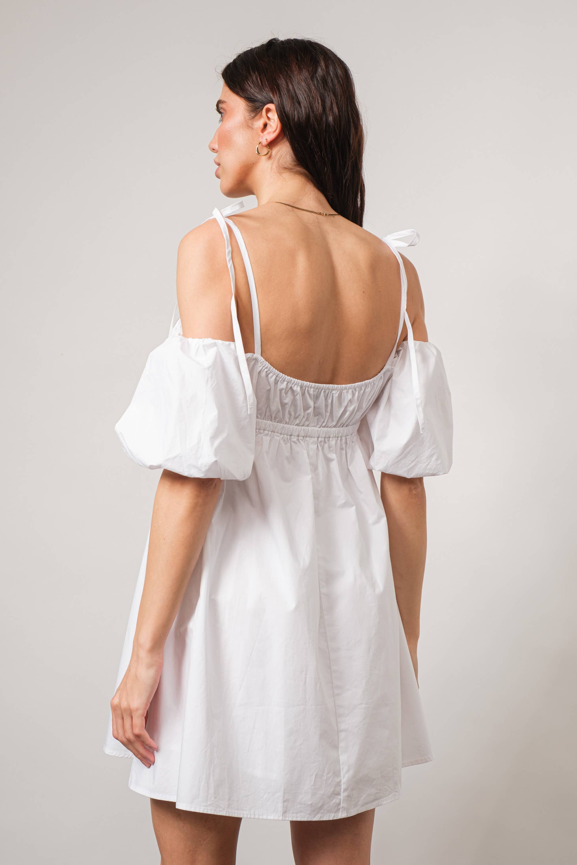 White Bennet Empire-Waist Cold-Shoulder Mini Dress for wholesale on Faire2