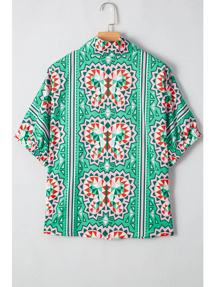 Green Boho Abstract Print Contrast Striped Collared V Neck Blouse for wholesale on Faire