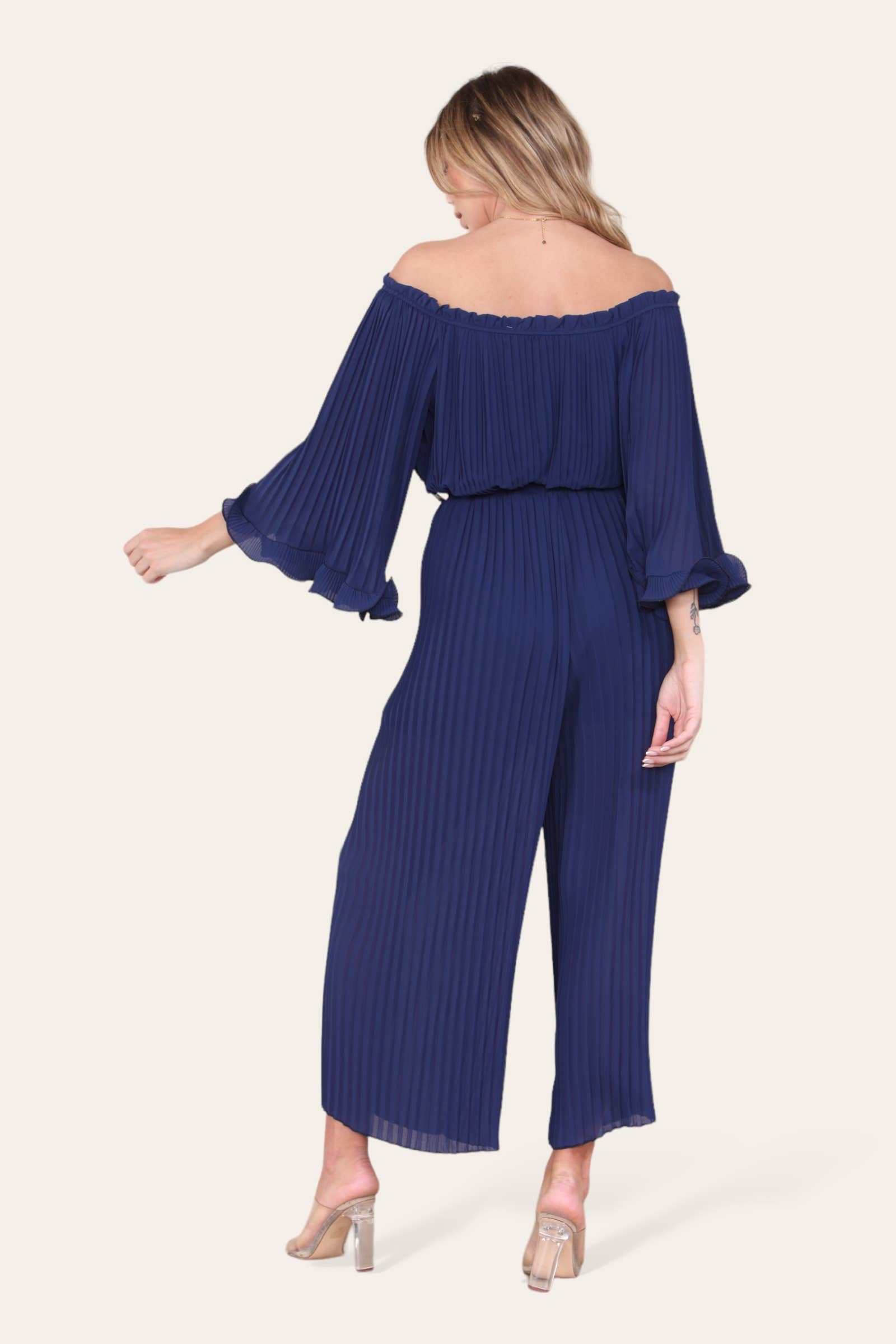 WHITE Sofia Bardot Pleated Frill Jumpsuit for wholesale on Faire35