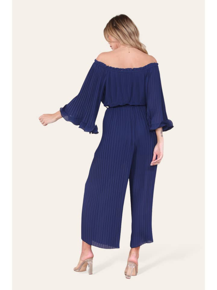 WHITE Sofia Bardot Pleated Frill Jumpsuit for wholesale on Faire35