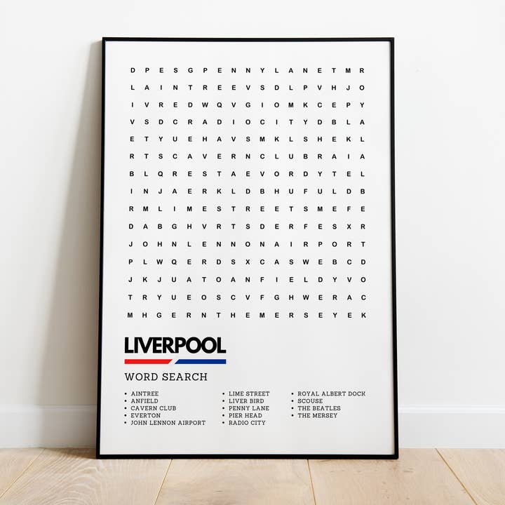 Liverpool Merseyside Wordsearch Art Print for wholesale by Underdog Studio