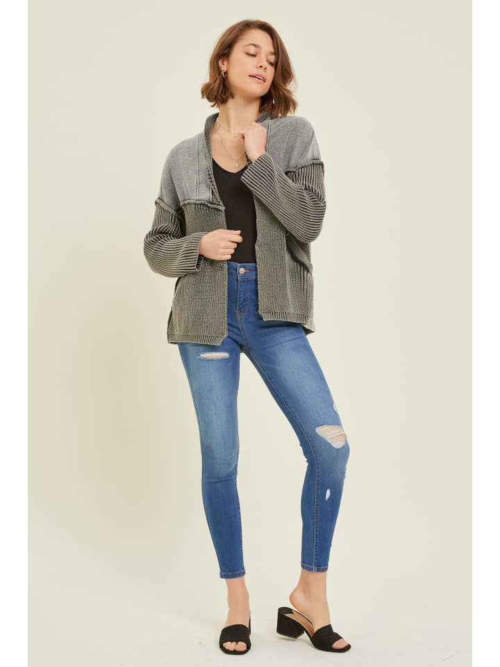 Heyson - Wholesale Cardigan - Women's - EO1075 WESTERN WASHED TERRY CARDIGAN WITH CABLE KNIT SWEATER