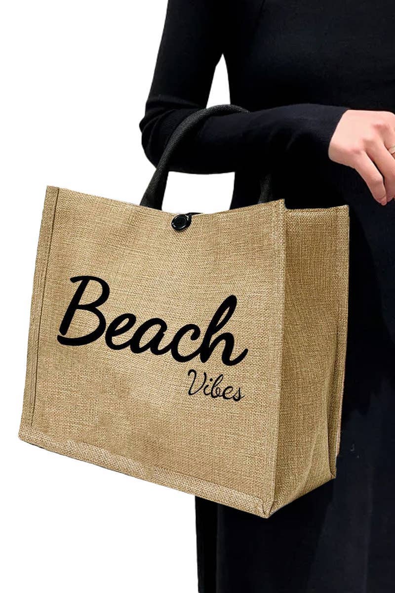 ASSORTED Beach Vibe Burlap Box Tote Beach Bag for wholesale on Faire1