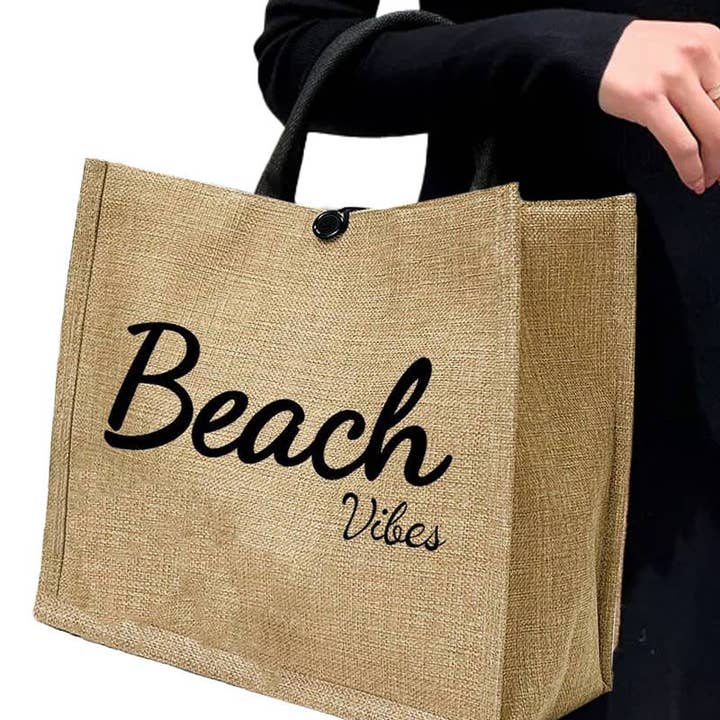 ASSORTED Beach Vibe Burlap Box Tote Beach Bag for wholesale on Faire1