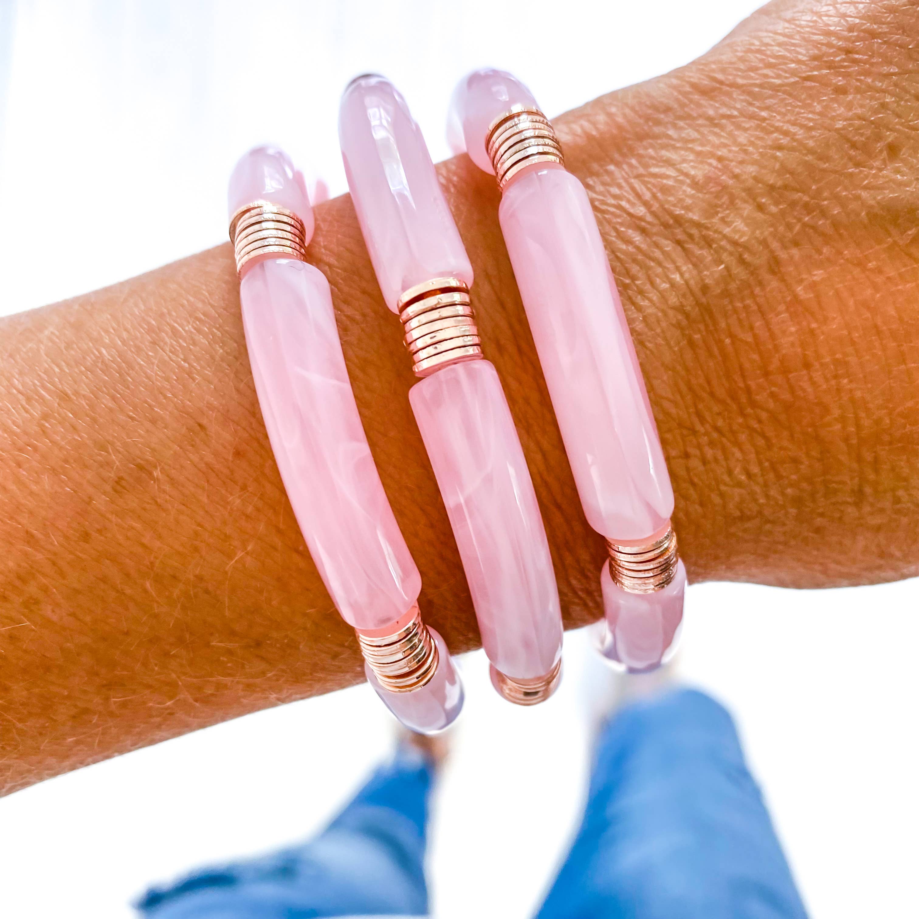 Savvy Bling - Wholesale Bangle Bracelet - Light Pink Marble & Rose Gold Acrylic Tube Bamboo Bracelet0