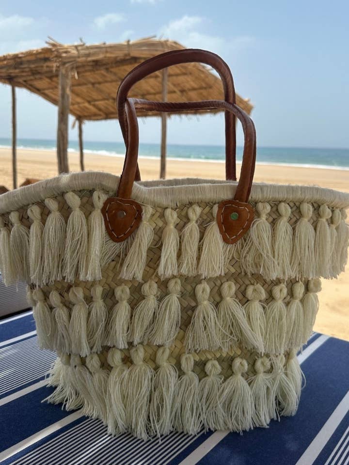 Beautiful Woven Straw Bag with Tassels - Moroccan Basket Bag for wholesale by Mikwi