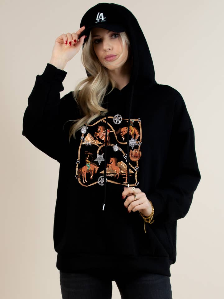 T1634-6343-Western Horse Bridle Print Hoodie Top for wholesale by Nylon Apparel