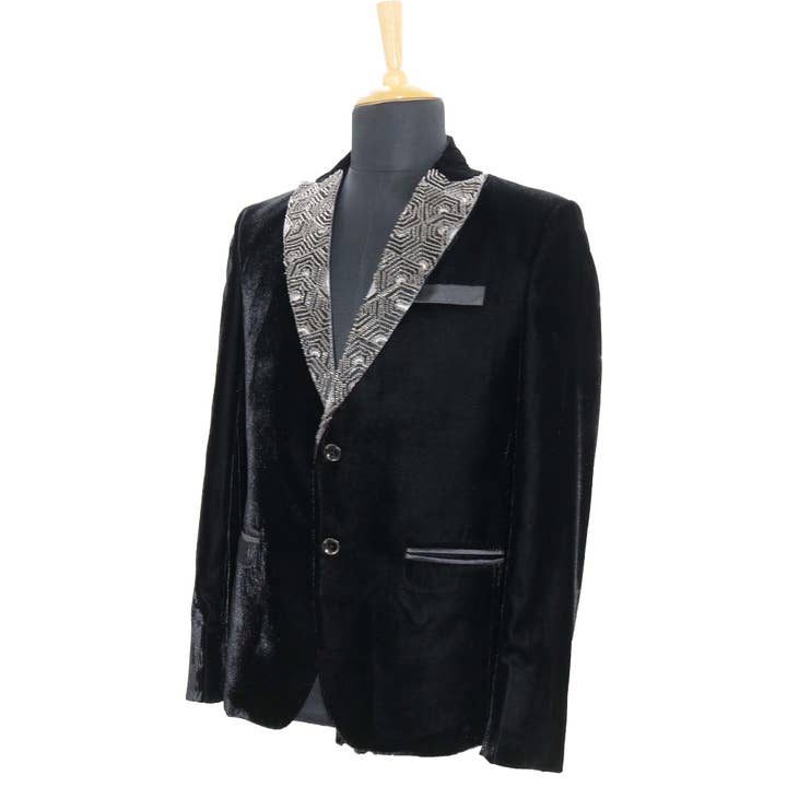Masculine MOoda - Wholesale Tuxedo Jacket - Men's - Men’s Black Velvet Blazer with Embellished Geometric Lapel.1
