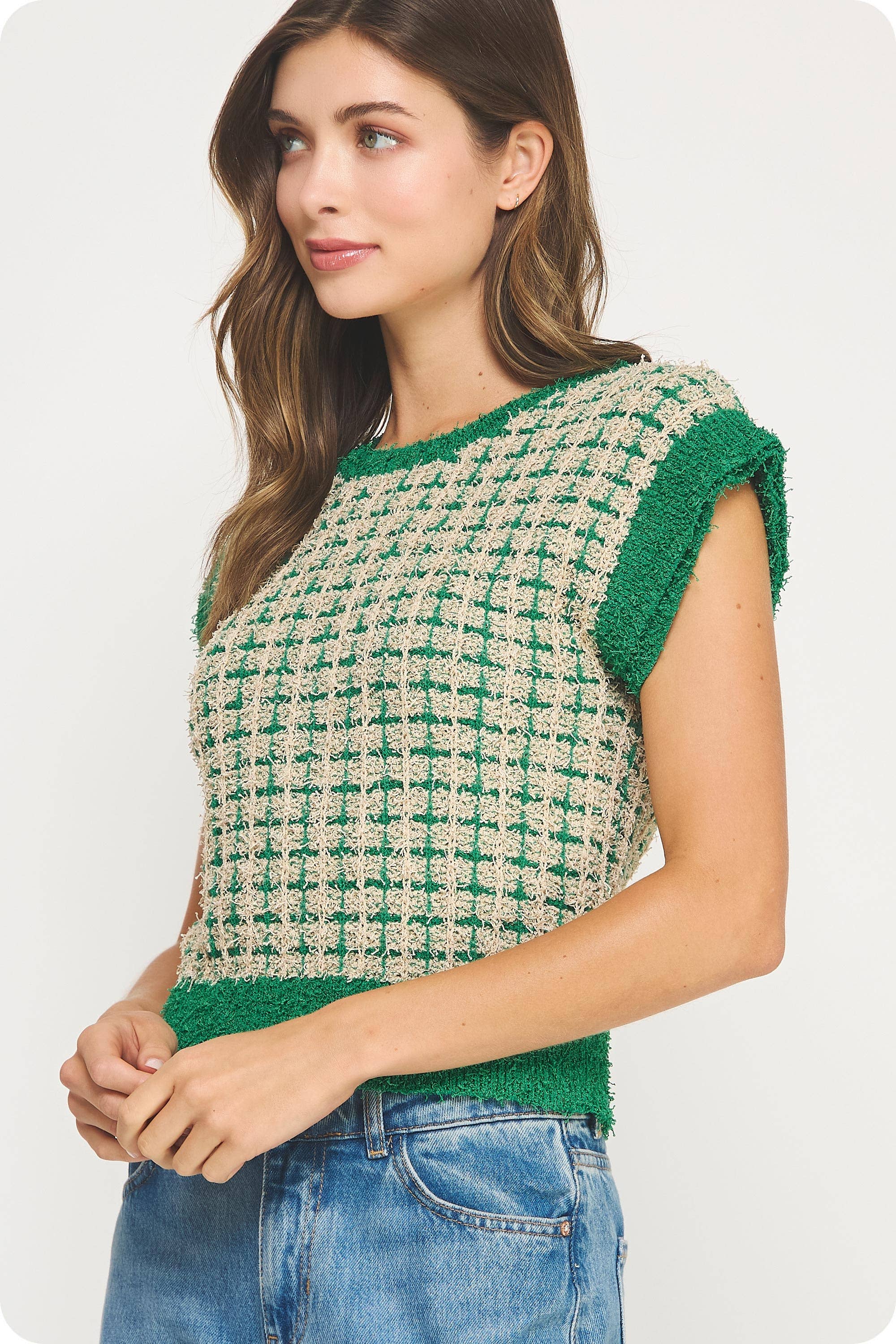 Strut & Bolt - Wholesale Blouse - Women's - Sleeveless Check Tweed Knit Sweater Top7