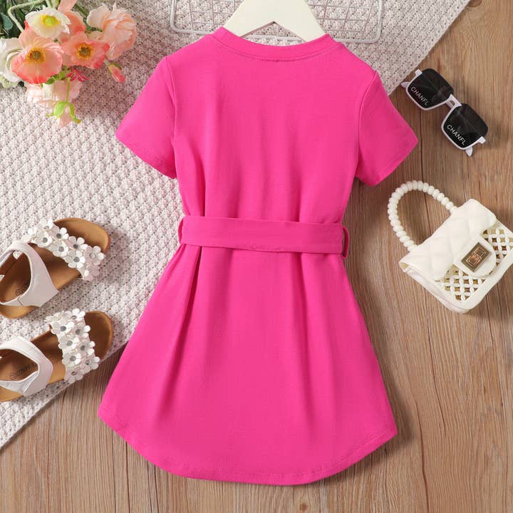 PatPat - Wholesale Dress - Kids - Toddler Girl Solid Curved Hem Short-sleeve Belted Dress