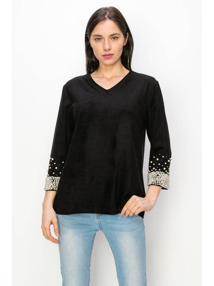 Joh Apparel - Wholesale Blouse - Women's - Alani Suede Top with Pearls