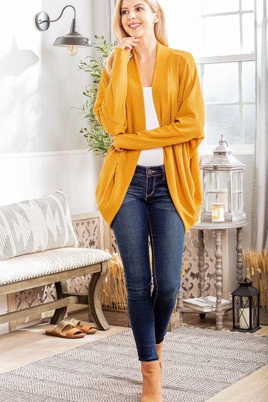 HEIMISH - Wholesale Cardigan - Women's - SJ1107-11 WAFFLE SOLID HIGH LOW OPEN CARDIGAN5