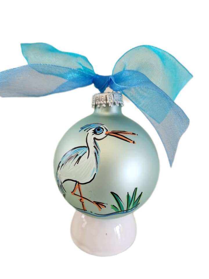 Blue Heron Hand Painted Glass Ball Ornament for wholesale by Kirsten in Color