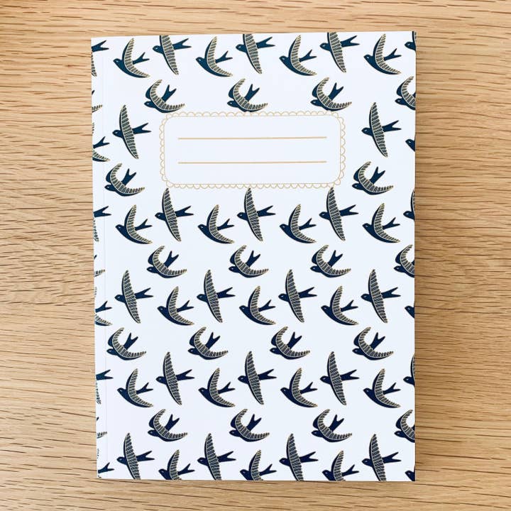 A5 notebook - Swallows in flight - White sky for wholesale by Les Petites Hirondelles
