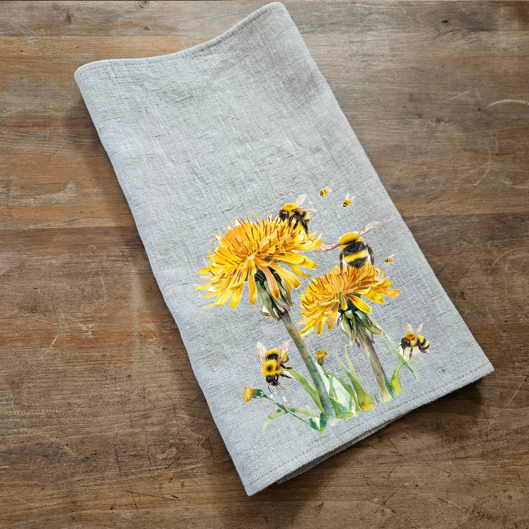 NorraVilla – Engroshandel Viskestykke – 100% linned køkkenhåndklæde med mælkebøtte og humleprint2