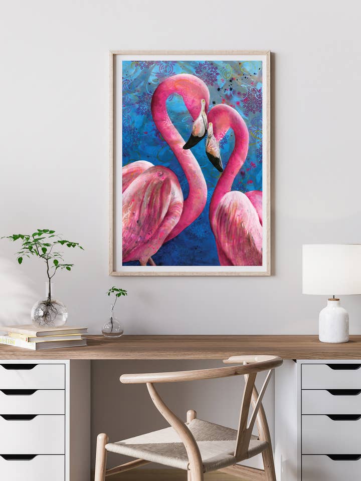 Together We Stand - Flamingoes Art Poster for wholesale by Michelle Gilks Art
