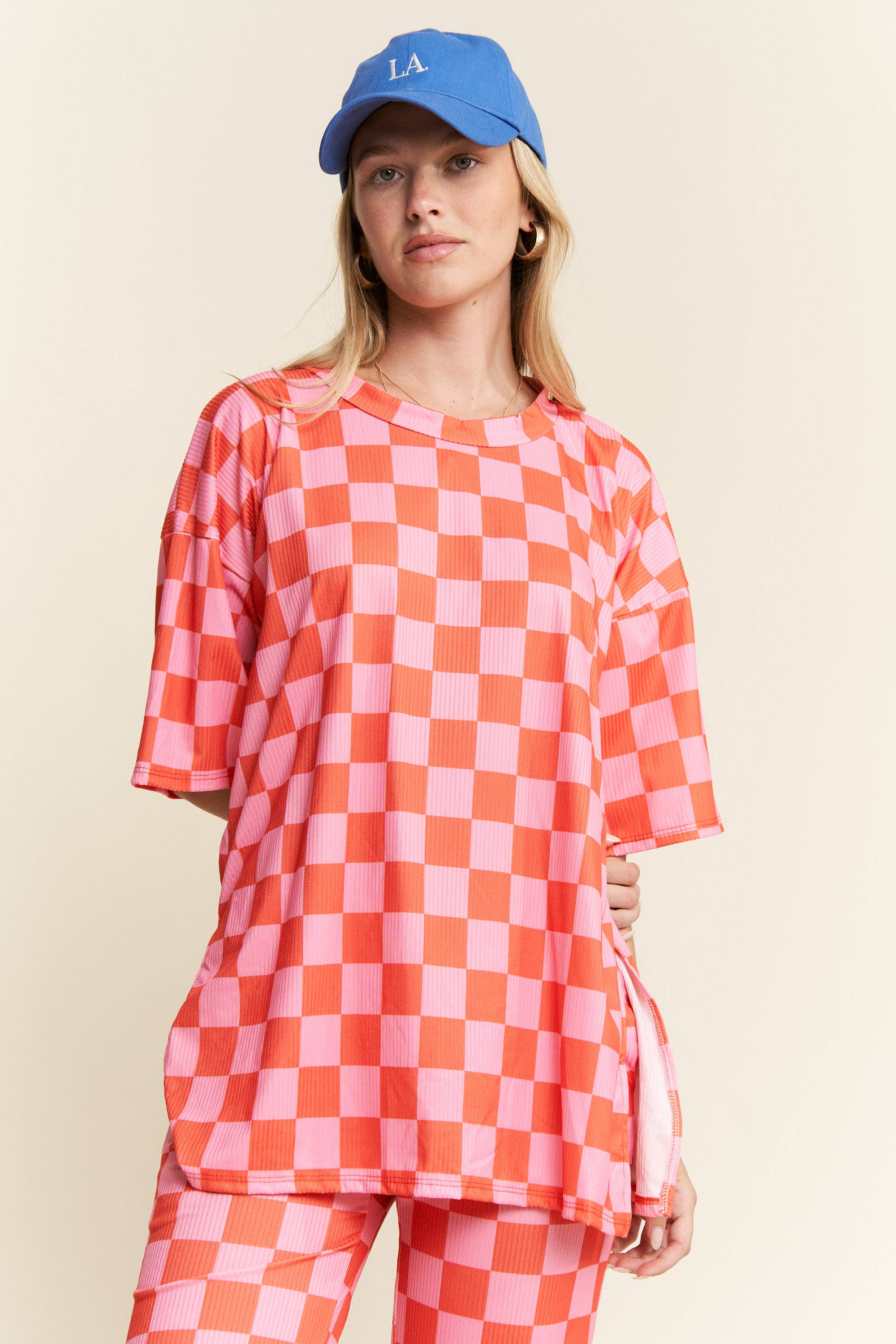 JADE BY JANE - Wholesale Lounge Set - Women's - RIBBED CHECKERED PRINT TOP/STRAIGHT LEG PANTS SET19