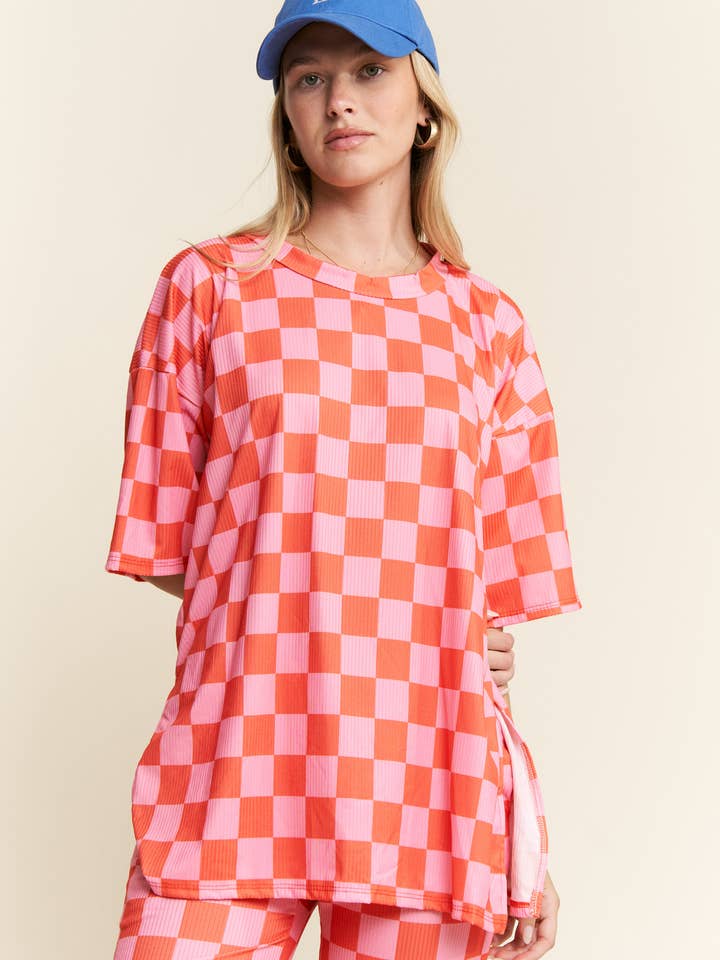 JADE BY JANE - Wholesale Lounge Set - Women's - RIBBED CHECKERED PRINT TOP/STRAIGHT LEG PANTS SET19