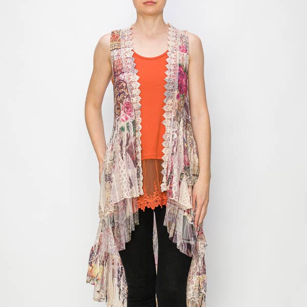 GILET BOHÈME TOUT EN DENTELLE HI LOW-U013 BG/ROSE WEST pour la vente par Origami Apparel ~ Lace and Crochet inspired