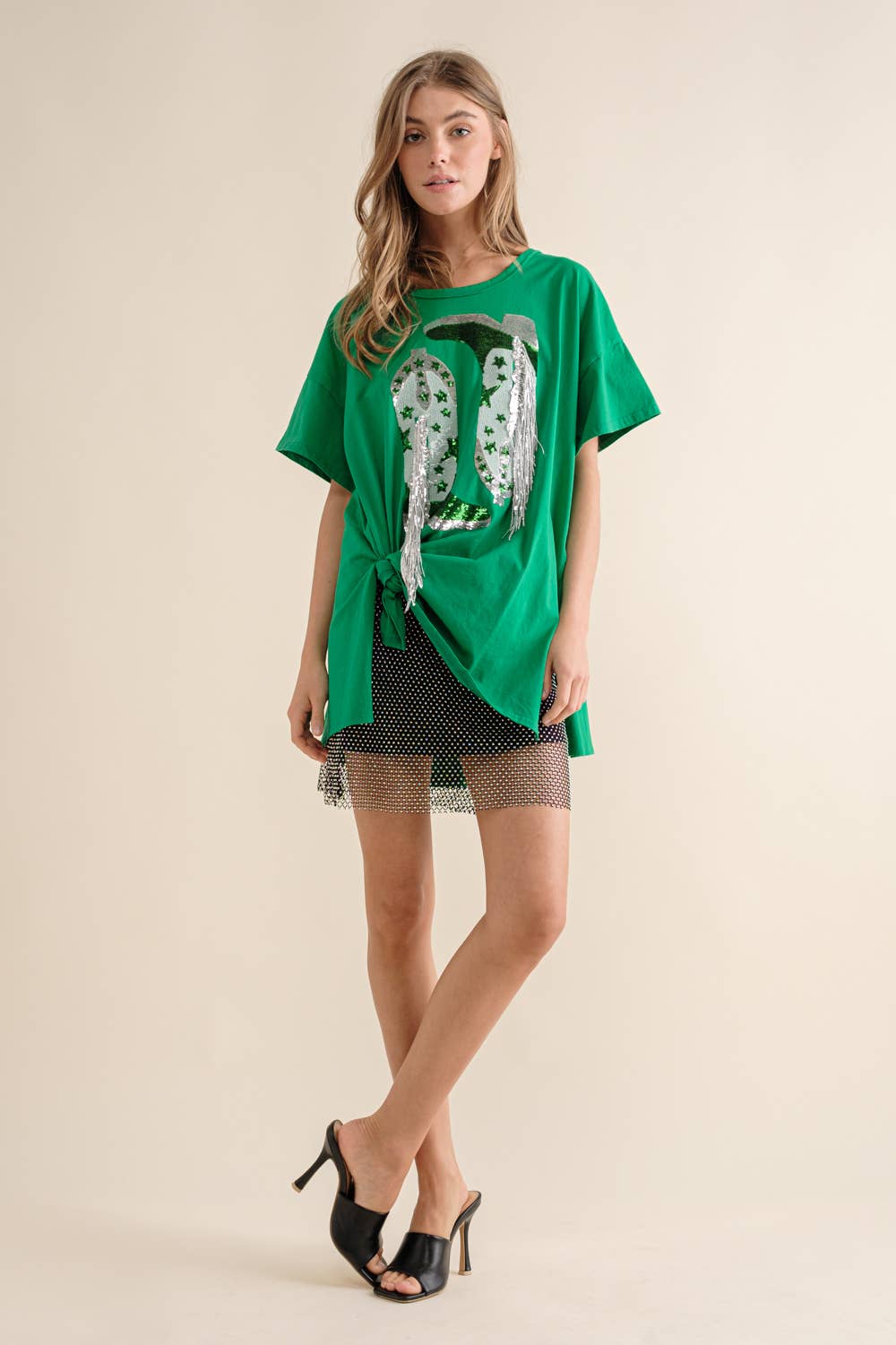 Blue B - Wholesale T-Shirt - Women's - 32487T - Cotton Sequin Western Boot Fringe Loose Side Tee17