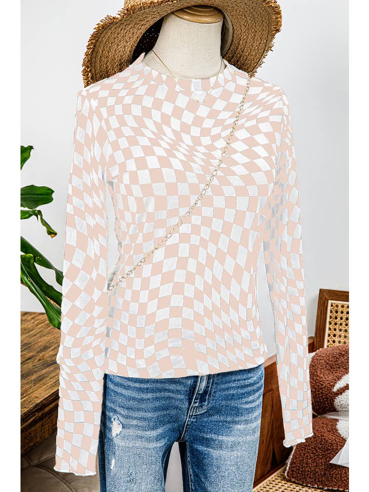 fashionworks - Wholesale Blouse - Women's - Western Checkered Pattern Mesh Mock Neck Long Sleeve Top12