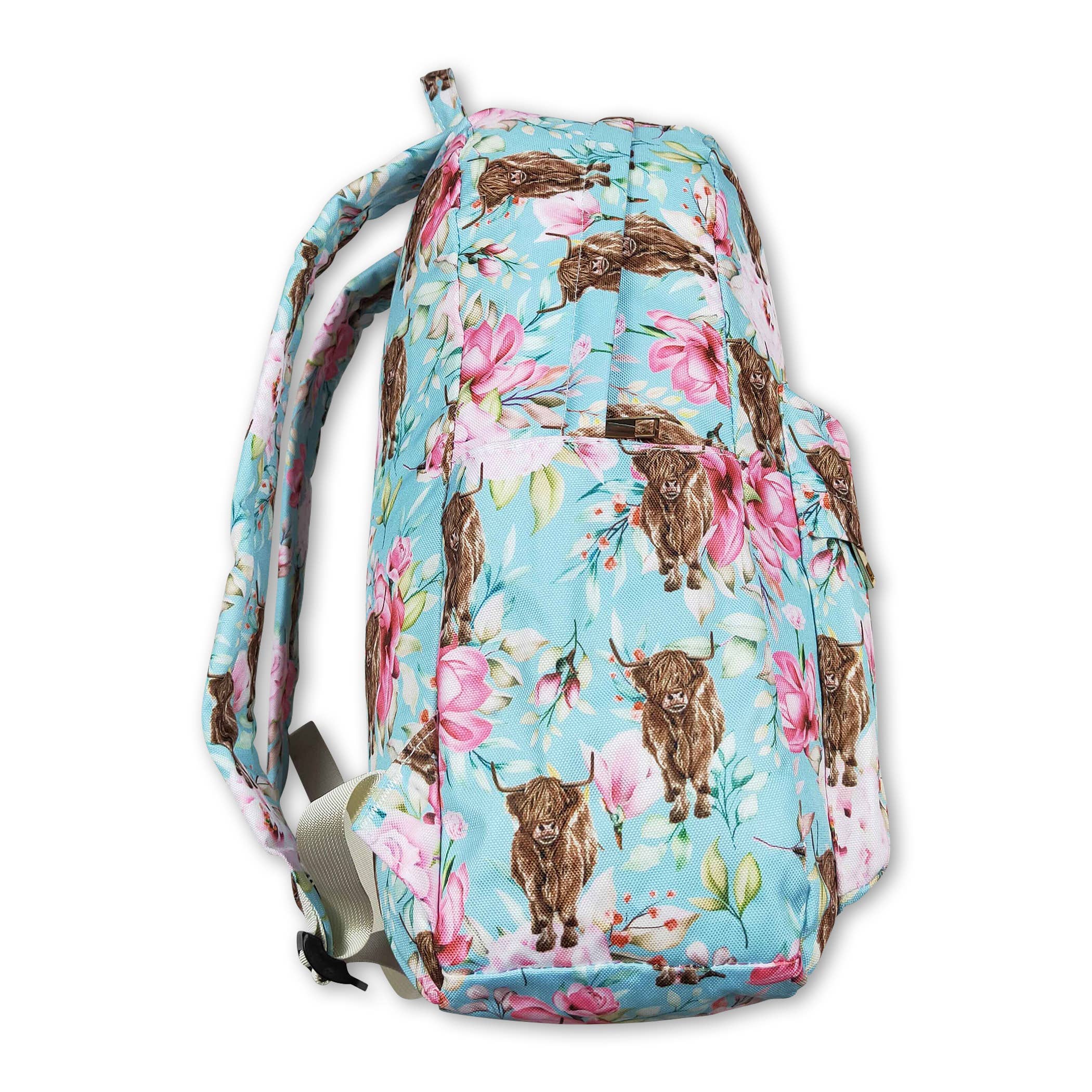 Yawoo Garments - Wholesale Backpack - Kids - Light blue floral highland cow kids girls backpack1