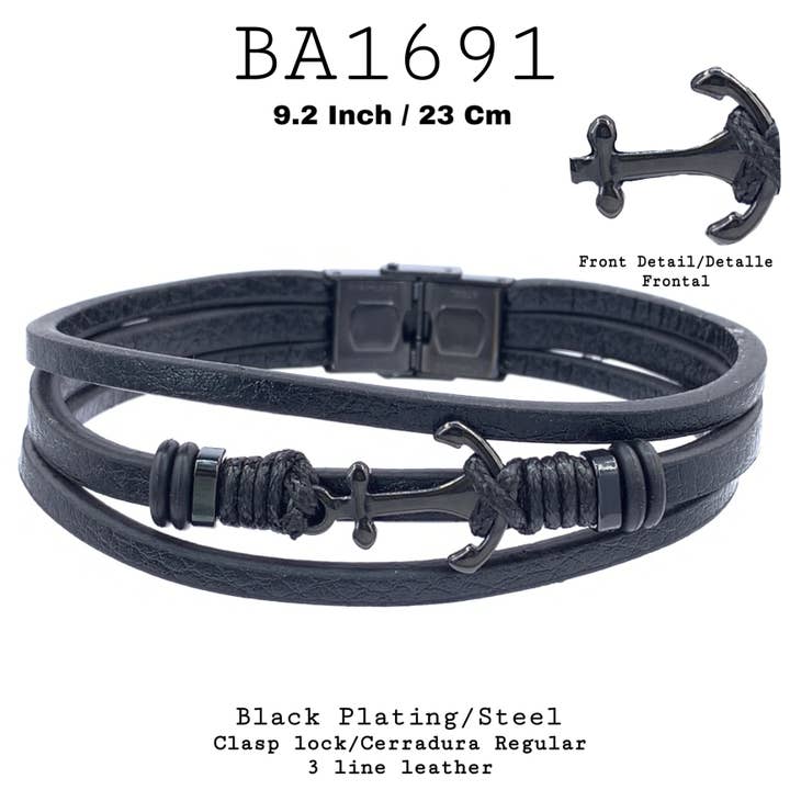 Bracelet en similicuir noir Anchor en acier inoxydable pour la vente par Nisso & Co. NYC Jewelry Wholesale