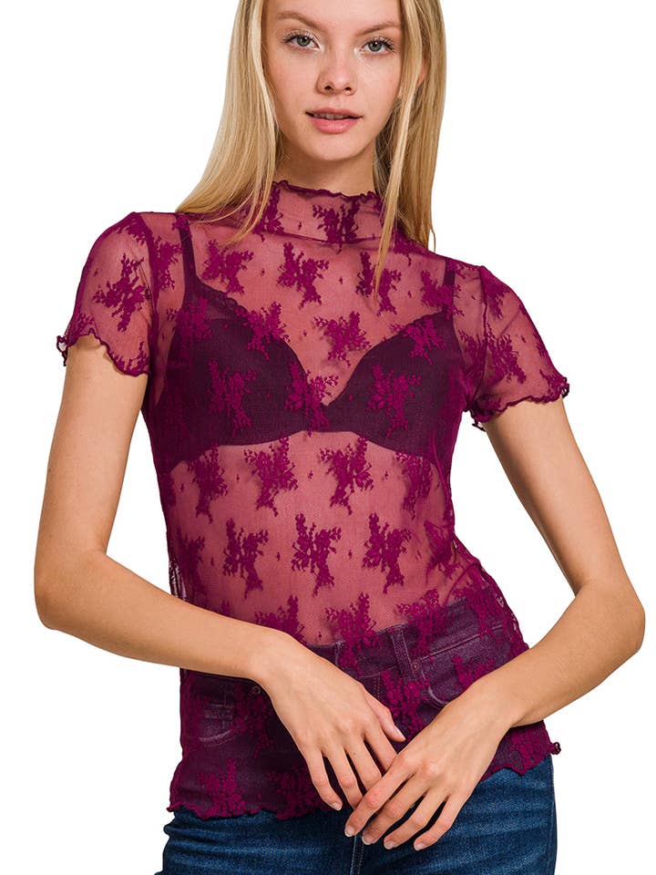 ...SI-25497 Lace See Through Layering Short Sleeve Top for wholesale by 42POPS