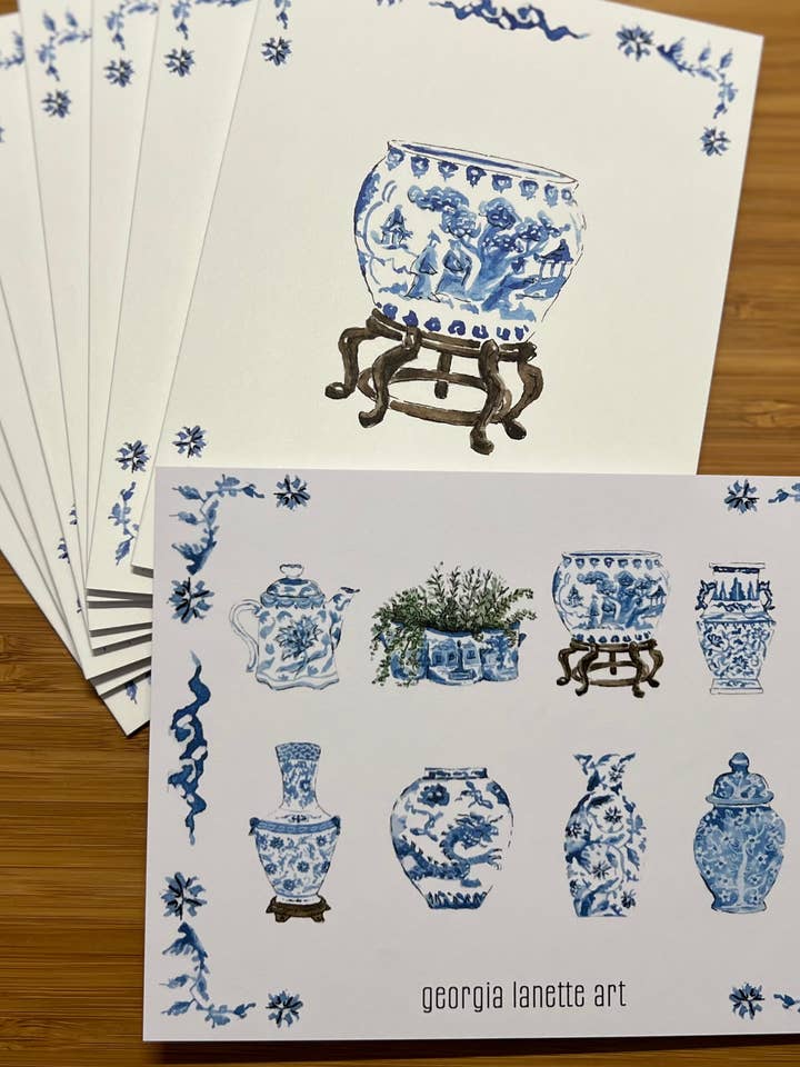 Set mit 8 Karten von Blue & White Pottery für den Großhandel von Georgia Lanette Art