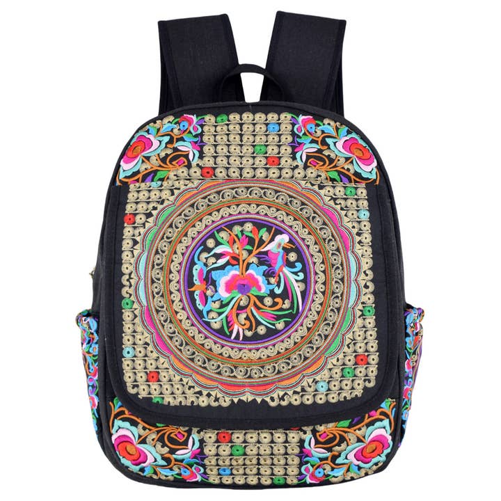 Cross-Border Ethnic Embroidery Backpack Large Capacity Multi-Compartment Travel Commuter Canvas Bag for wholesale by kycozy