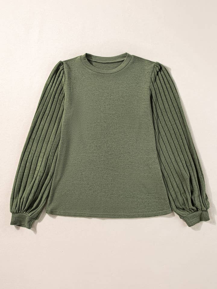 Jungle Green Contrast Ribbed Bishop Sleeve Top for wholesale on Faire