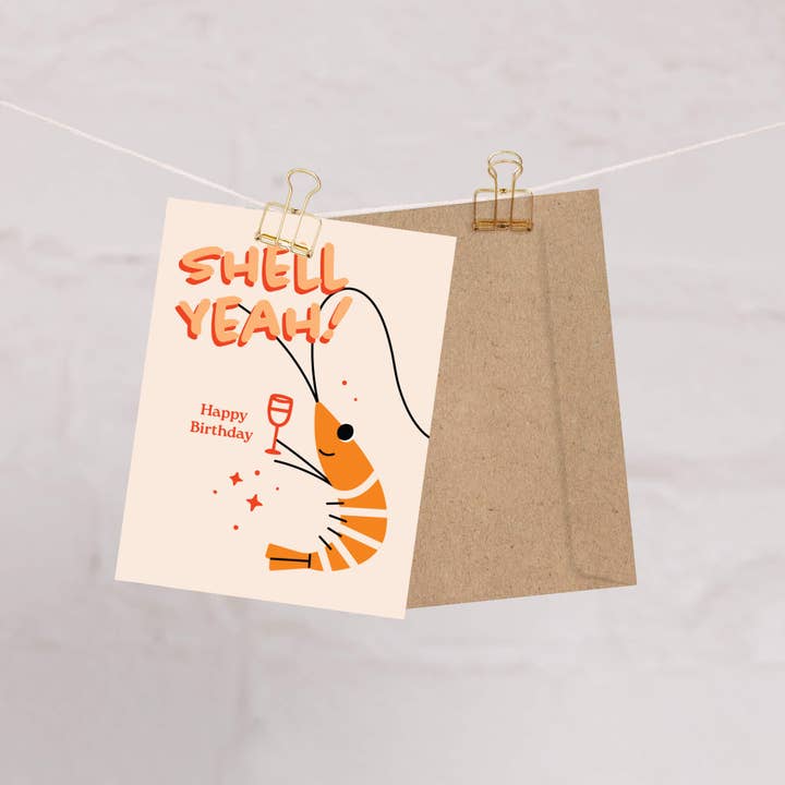 Cute Asian Cards - Vente Cartes d'anniversaire - Carte d'anniversaire drôle "Shell Yeah" | Salutations asiatiques mignonnes avec crevettes et toast1