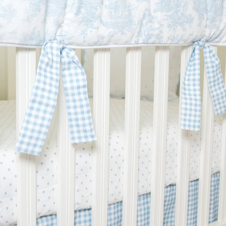 Liz And Roo - Wholesale Cot/Crib Sheets - Light Blue Toile Crib Rail Cover with Gingham Fabric Ties