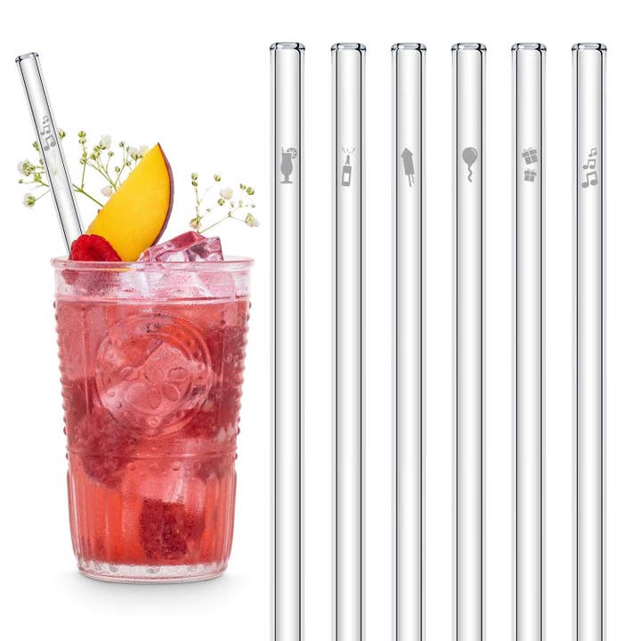 Birthday Party Edition 6 x 20 cm glass straws with engraved motifs for wholesale by HALM Straws
