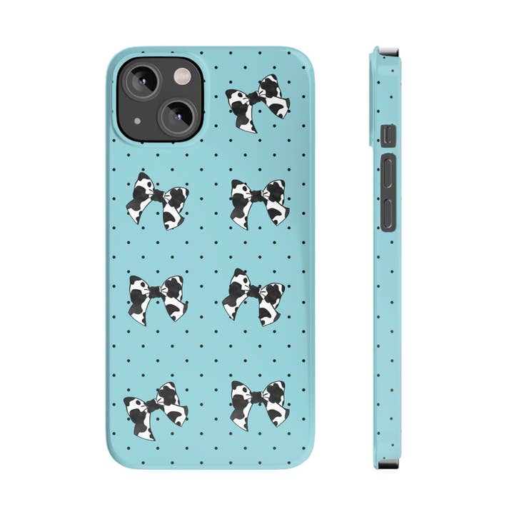 Cow Print Coquette Bow & Polka Dot Teal Slim iPhone Case for wholesale by Grassy Creek Designs