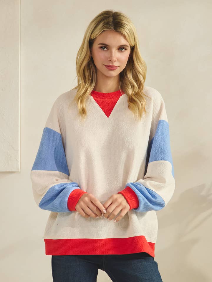 T-42243 - Rundhals Cloudy-Strick Colorblock Langarm-Top für den Großhandel von Tres Bien, Inc