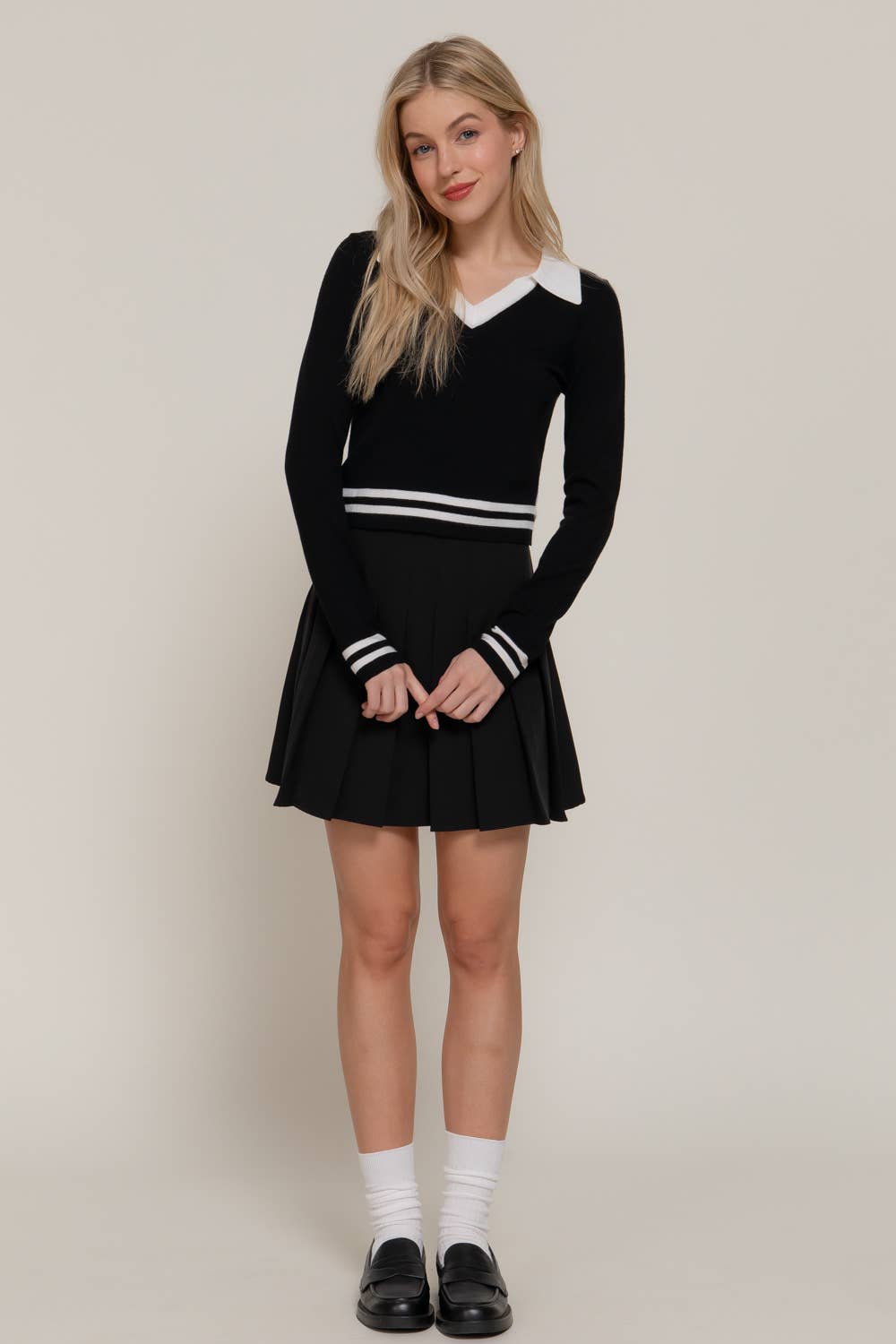 Active Basic | Active USA - Wholesale Knit Sweater - Women's - Long Sleeve Stripe Polo Sweater19