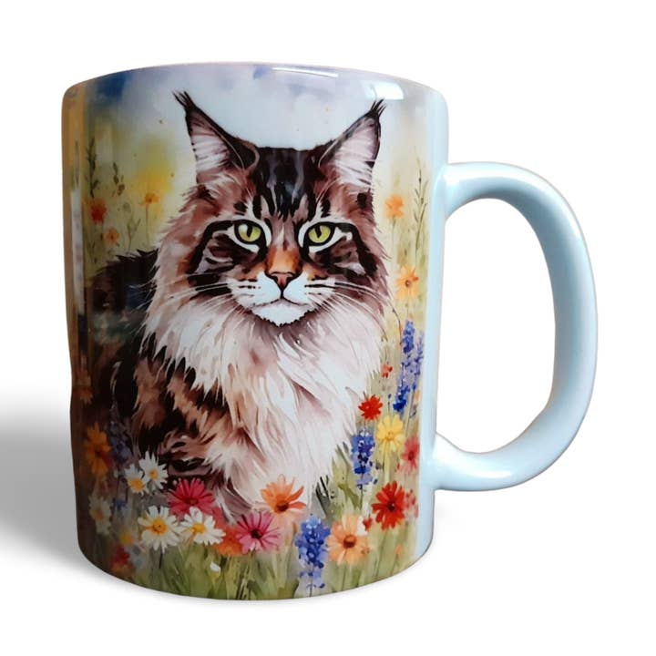Water Colour Tabby Maine Coon Cat in Flowers Coffee Mug for wholesale by Rockways Designs