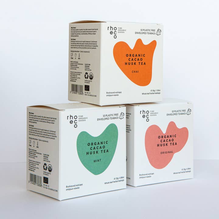 Tisanes de coque de cacao bio - Sachets pyramidaux compostables pour la vente par rhoeco - fine organic goods