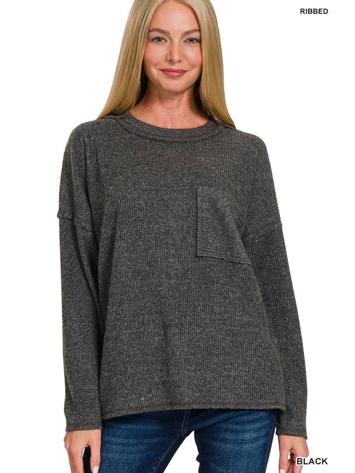 Black Ribbed Brushed Melange Hacci Sweater With A Pocket for wholesale on Faire