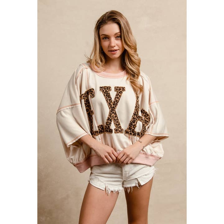 Leopard Print Texas Patchwork Overlock Stitch Top for wholesale by IVE