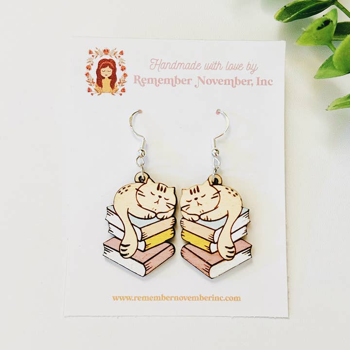 Cat Book Stack Earrings, Handmade, Birch Wood for wholesale by Remember November, Inc