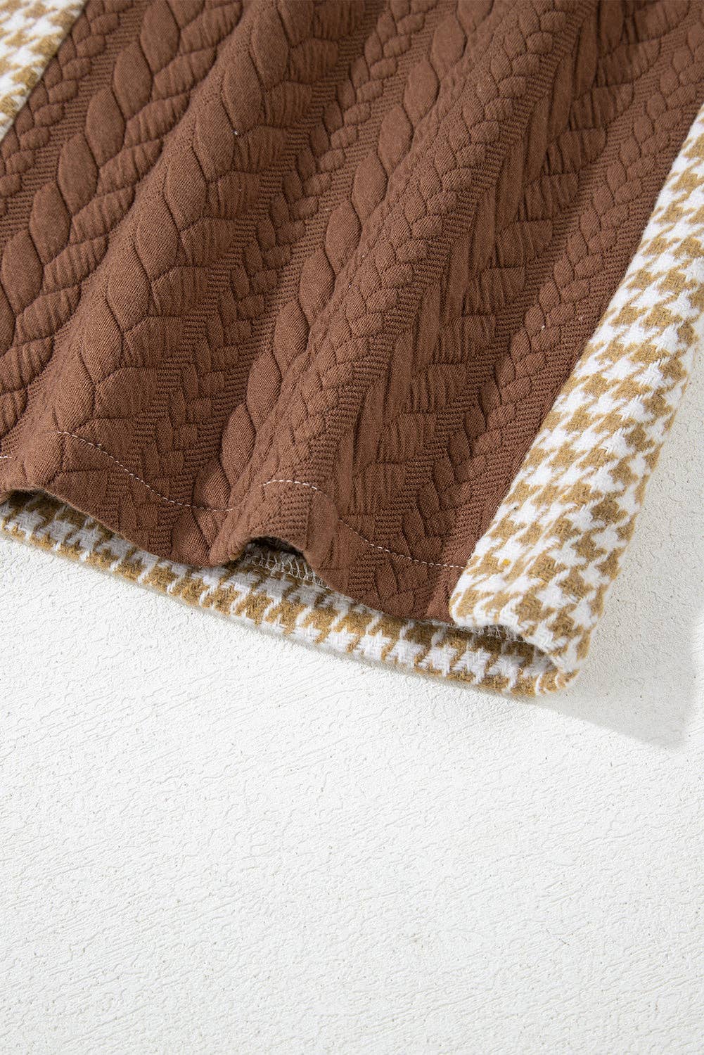 Khaki Houndstooth Color Contrast Textured Patchwork Shacket for wholesale on Faire7