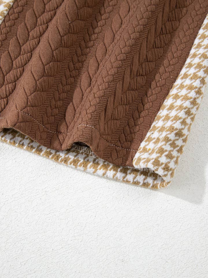 Khaki Houndstooth Color Contrast Textured Patchwork Shacket for wholesale on Faire7