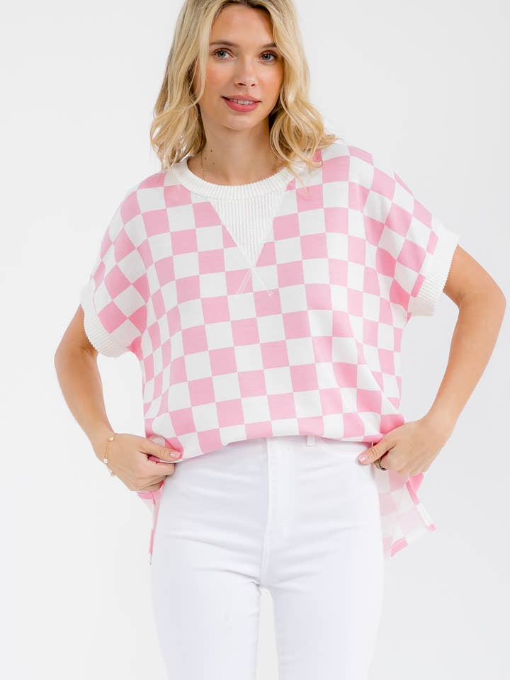Checkered Print Short Sleeve Top T6216 for wholesale by 7th Ray