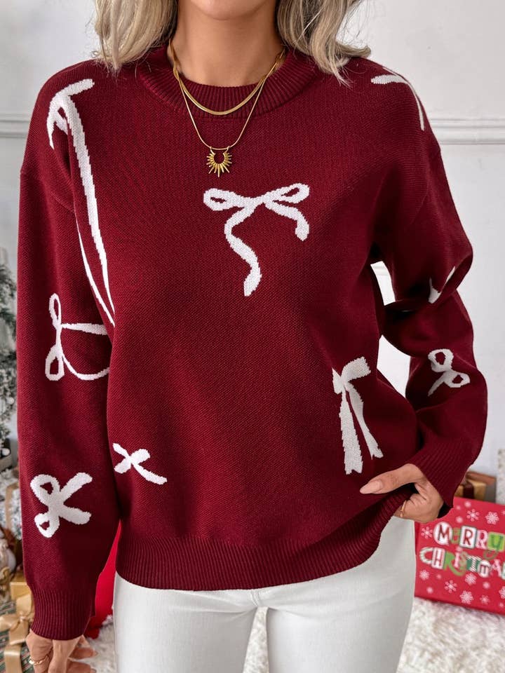 WINE CWOSWL07816_CHRISTMAS BOW JACQUARD CREW NECK SWEATER for wholesale on Faire3