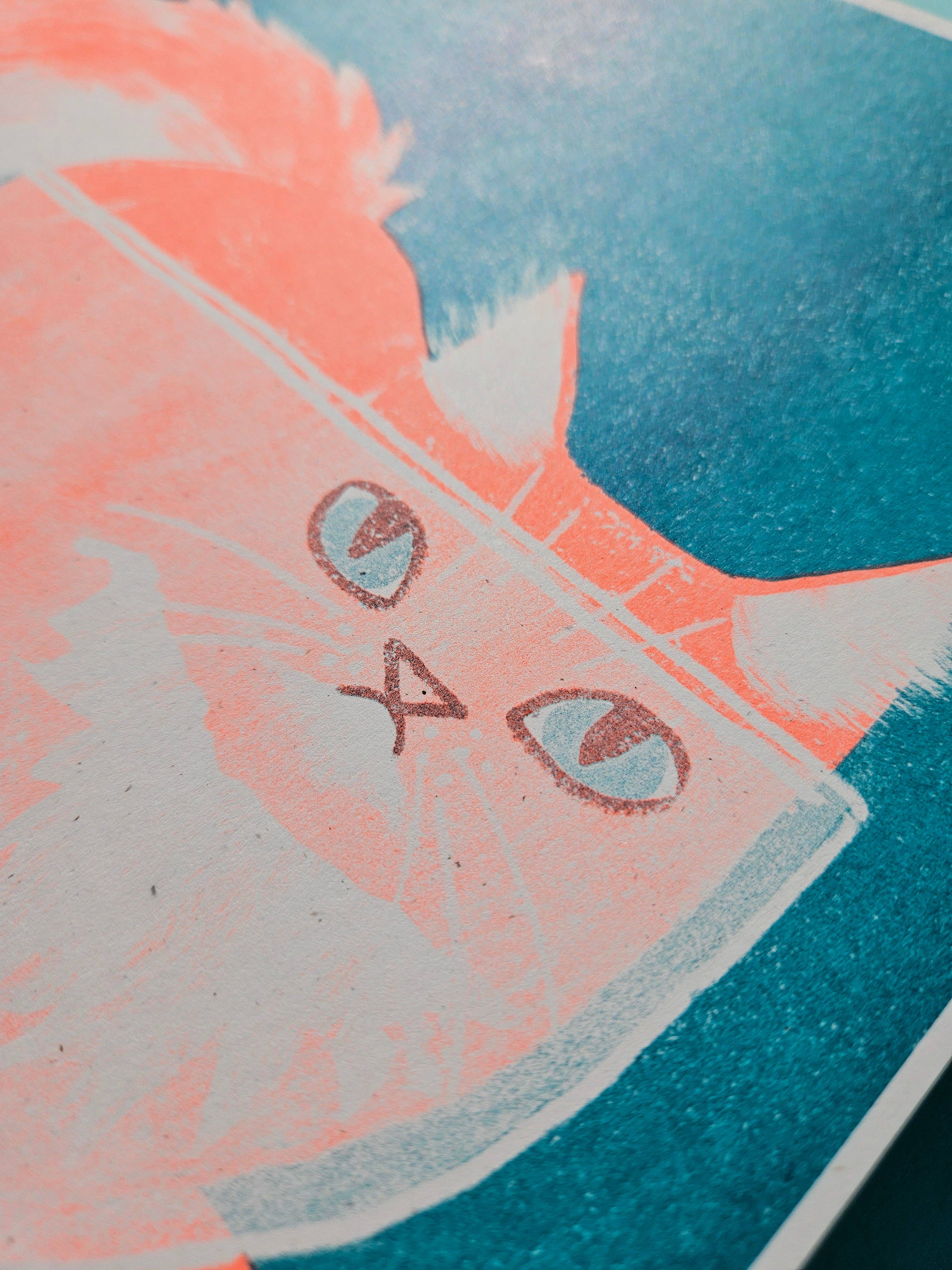Bromstad Printing Co. - Wholesale Art Print - Orange Cat in a Bowl - Risograph Print2