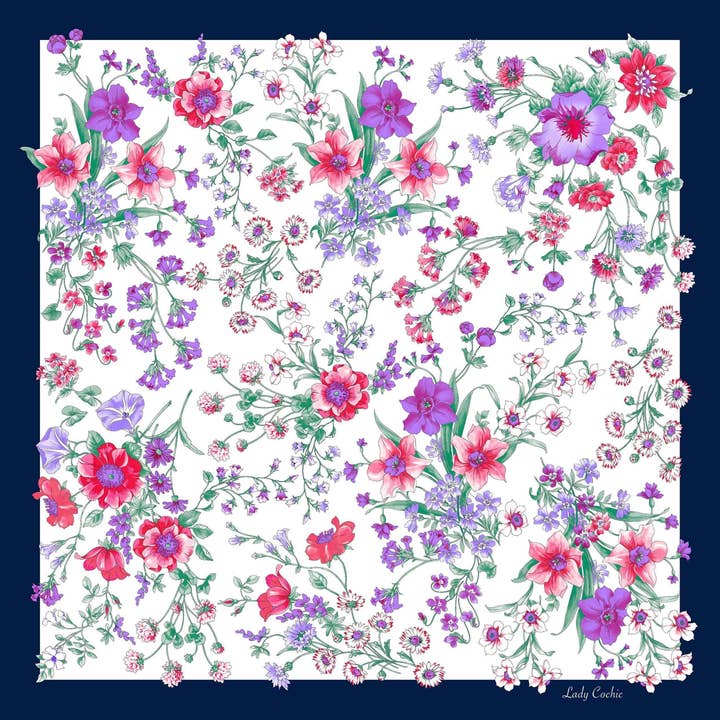 Silk Foulard - Les Jardins Fiorito (100% Silk, Blue Navy Border) for wholesale by COCHIC